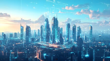 A panoramic view of a futuristic city where blockchain secures every aspect of daily life and IoT powers seamless living