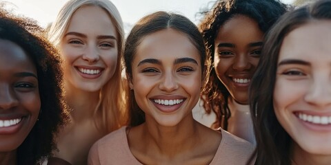 Fototapeta premium a diverse group of friends, different skin tones and smiling faces, soft background light emphasizes unity and diversity