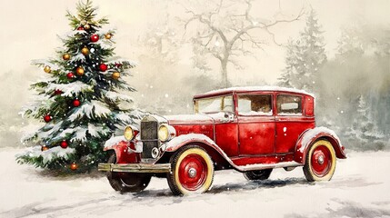 Watercolor painting of a vintage car with a Christmas tree