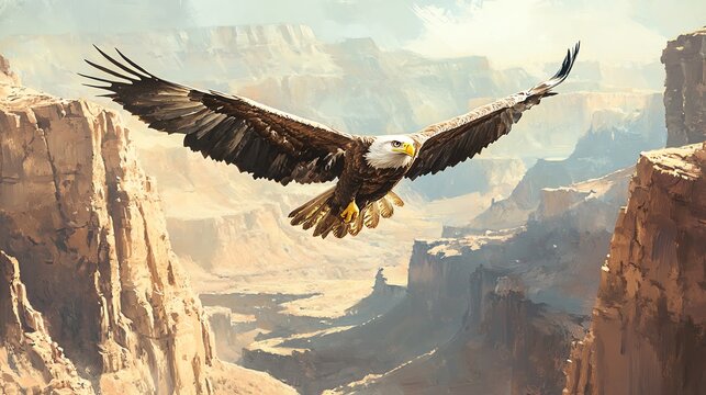 Majestic eagle soaring gracefully over a stunning canyon landscape, capturing the essence of freedom and power in nature.