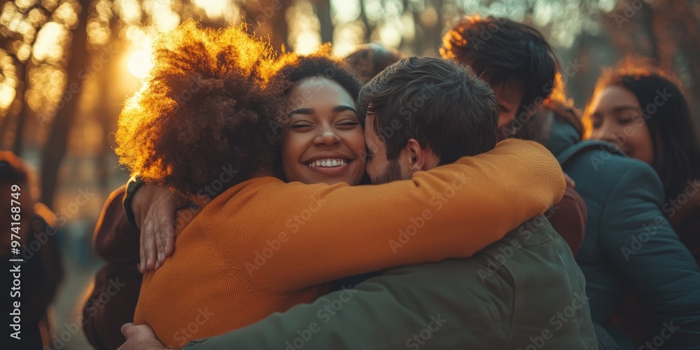 Poster a diverse group hugging in a park, different clothing styles and warm lighting reflect the unity in 