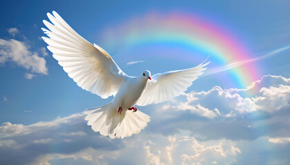 Fototapeta premium White dove flying with open wings in front of rainbow and sunlight. Symbol of love, peace, hope and freedom