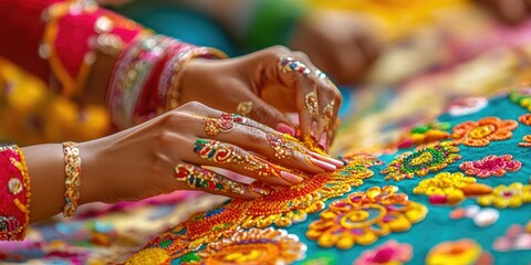 Fototapeta premium hands decorating for a cultural festival, vibrant colors and intricate details capture the joy of cultural celebrations
