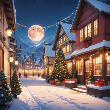 A boy and girl in a festive winter evening in a charming village with holiday lights and snow under a full moon.