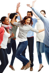 Fototapeta premium Business people, jump and happy in studio for celebration, team building and positive energy with success. Group, excited and creative agency on white background for diversity, goals and achievement