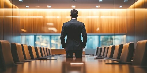 Executive leader in a boardroom, standing at the head of the table, poised to make impactful decisions, sharp focus on leadership presence