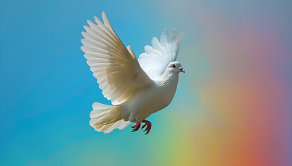 Obraz premium White dove flying with open wings in front of rainbow and sunlight. Symbol of love, peace, hope and freedom