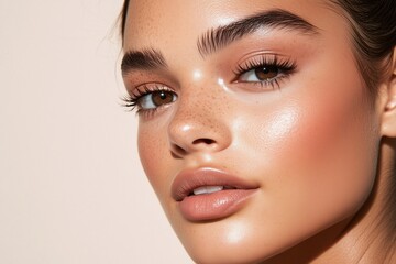 Fototapeta premium model with soft baddie makeup, featuring brown smokey eyes, defined cheekbones, and a matte neutral lip, paired with a sleek high ponytail