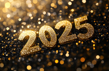 Happy New Year 2025 text with gold texture. new-year bokeh background