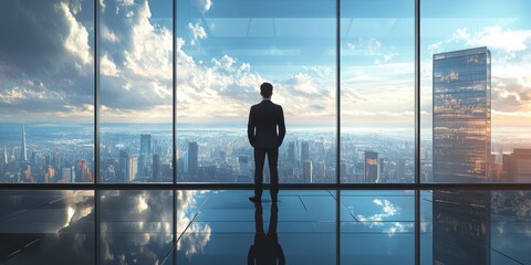 Fototapeta premium Visionary leader in a modern office, standing by a large window, cityscape visible, embodiment of strategic foresight and leadership