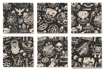 Gangster seamless pattern. Vector illustration. Vintage monochrome label, sticker, patch with gangster, gun, slot machines, two dice, poker playing card and skull silhouettes.