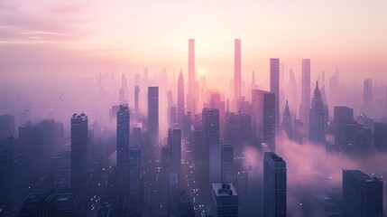 A stunning aerial view of a city skyline at sunrise, enveloped in soft mist and bathed in warm pastel colors.