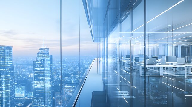 A futuristic office building where blockchain and IoT work together to create a seamless, secure work environment