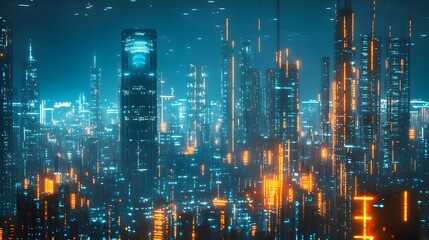 Fototapeta premium A panoramic view of a futuristic city illuminated by the glow of blockchain-powered and IoT-controlled infrastructure