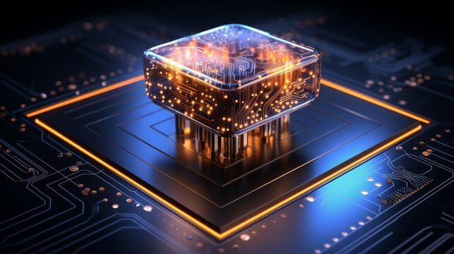 Artificial intelligence concept glowing wireframe brain on dark blue circuit board with nodes