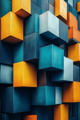 Fototapeta premium An isometric grid of cubes and pyramids in shades of teal, yellow, and grey,