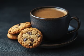 A cozy scene featuring a cup of coffee alongside chocolate chip cookies.