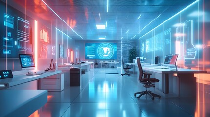 A futuristic work environment where blockchain-secured devices and IoT systems optimize productivity and connectivity