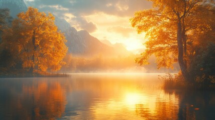 Golden sunlight on a tranquil lake