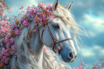 A graceful horse with a mane decorated with wildflowers,