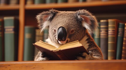A cute koala reading a book in a cozy library filled with bookshelves. Perfect for animal lovers and book enthusiasts.