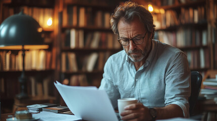 A man in a home office reviewing documents on a laptop with a coffee cup on the desk,