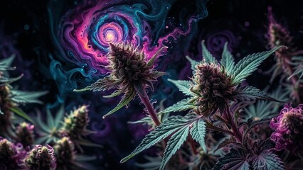 Vibrant trippy psychedelic art illustration of a cannabis weed flower showcasing its trichomes and dense buds with blurry swirling space and galaxies in the background.