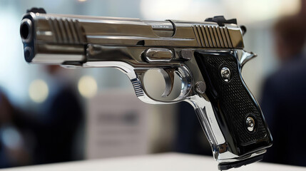 A sleek, modern handgun displayed elegantly, showcasing its distinctive design and craftsmanship, perfect for gun enthusiasts.