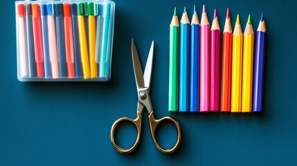 A vibrant arrangement of colored pencils and markers alongside a pair of scissors, ideal for creative projects and crafts.