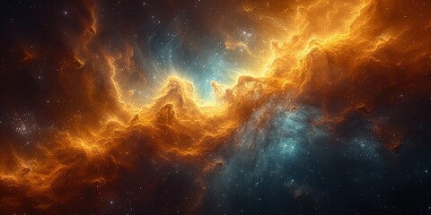 Fototapeta premium A breathtaking nebula in rich hues of orange, blue, and gold, resembling a cosmic storm in a whimsical, dreamy space-scape.