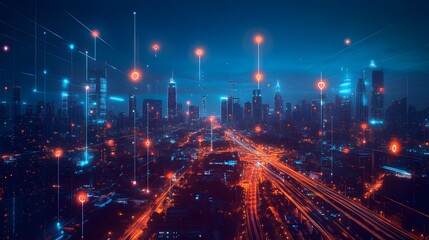 A panoramic view of a futuristic city illuminated by blockchain-secured infrastructure and IoT-powered smart systems