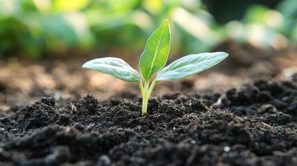 A young green plant sprouting from rich dark soil, symbolizing growth, renewal, and the beauty of nature.