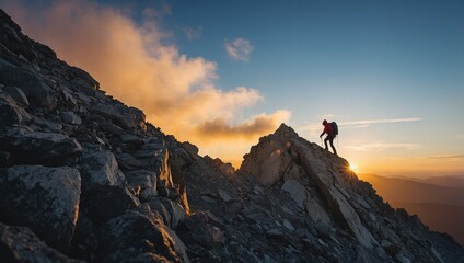 Mountain climber reaching the summit on a dangerous mountain, minimal, sunrise