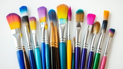 Colorful collection of various makeup brushes arranged neatly on a white background, perfect for beauty and cosmetics themes.