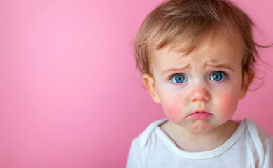Naklejka premium Unhappy and dissatisfied toddler baby isolated on a pink studio background. Crying kid or child showing frustration and negative emotion, hungry and upset, nervous face expression 