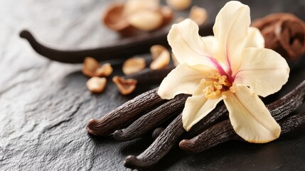 Elegant vanilla pods accompanied by a beautiful flower, showcasing the essence of natural flavor and aroma.