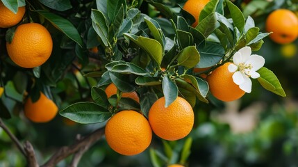 Vibrant orange fruits hanging from a lush green tree, showcasing the beauty of nature and fresh citrus in a sunlit environment.