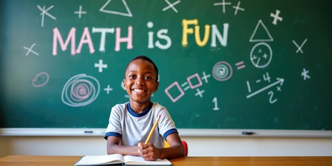 Joyful African American Schoolboy Writing Notes in Classroom with Colorful 'Math is Fun' Message