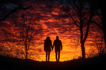 A silhouette of a couple walking hand-in-hand against a backdrop of sunset in an autumn park,