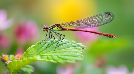 A male Large Red Damselfly perches on a green leaf, showcasing its vibrant colors in the Devon landscape.