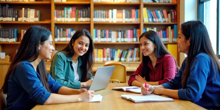 Diverse Group of Indian Students Studying and Collaborating in Modern Library
