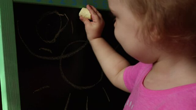 A small child draws with chalk on a blackboard. The child learns to write. Children's education