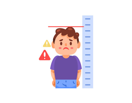 illustration of a boy looking sad because his body is short. suffer from stunting. stunted growth. disorders of child growth and development. flat style character design. elements