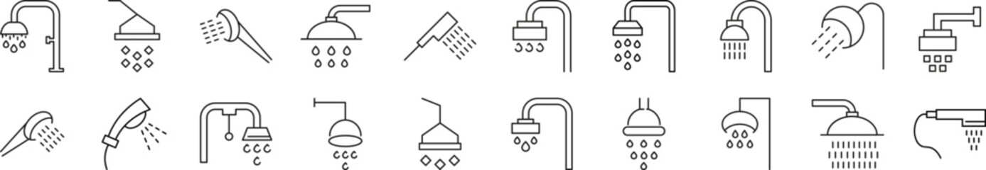 Obraz premium Collection of Icons of Shower for Shops and Stores. Suitable for books, stores, shops. Editable stroke in minimalistic outline style. Symbol for design