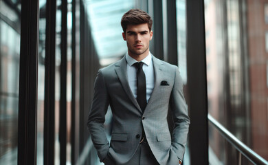 Model wearing a chic, tailored suit, posing in a modern, glass-walled building, with reflections and clean lines creating a sophisticated atmosphere