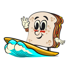 sandwich bread cartoon character mascot retro vector design surfing happily, work of hand drawn