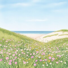 A serene beach view surrounded by colorful wildflowers under a clear blue sky, perfect for nature lovers and relaxation.
