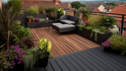 Stylish rooftop terrace panorama with dark wood flooring, plants, brick fence, and black furniture