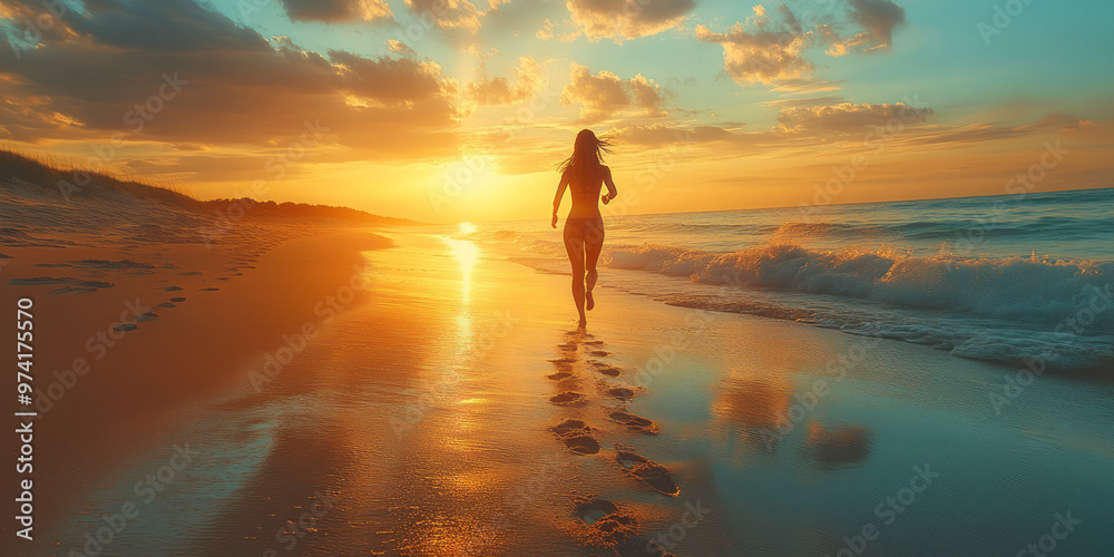 Wall mural A woman running along a beach at sunrise,