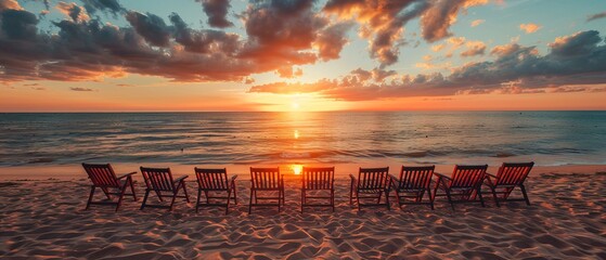 Obraz premium Empty chairs on sandy beach at sunrise or sunset - relaxation concept 